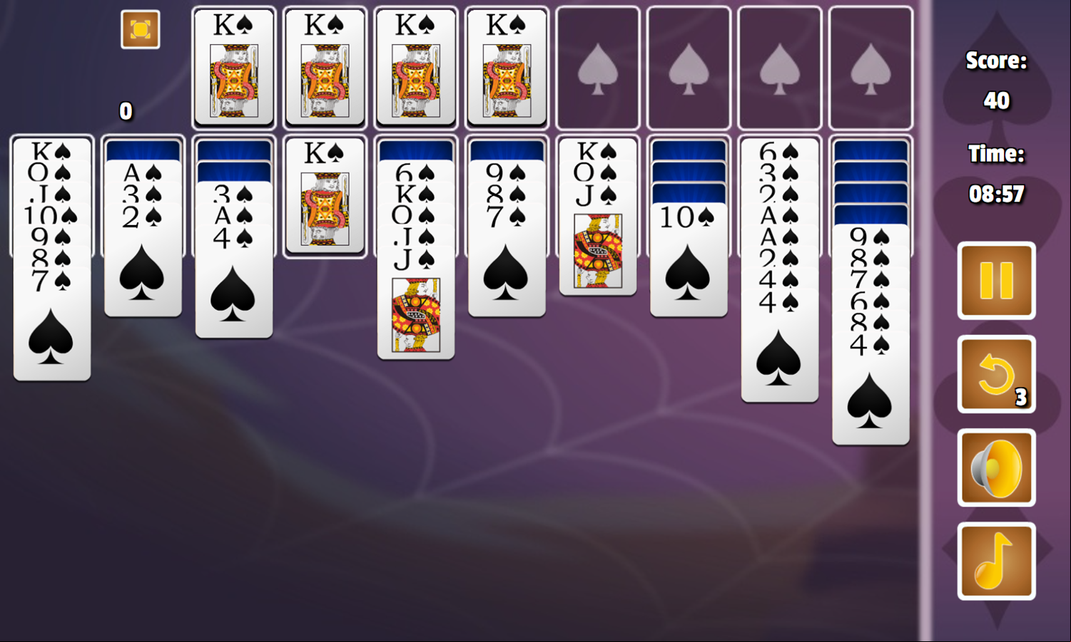 1 Suit Spider Solitaire Game Progress Screenshot.