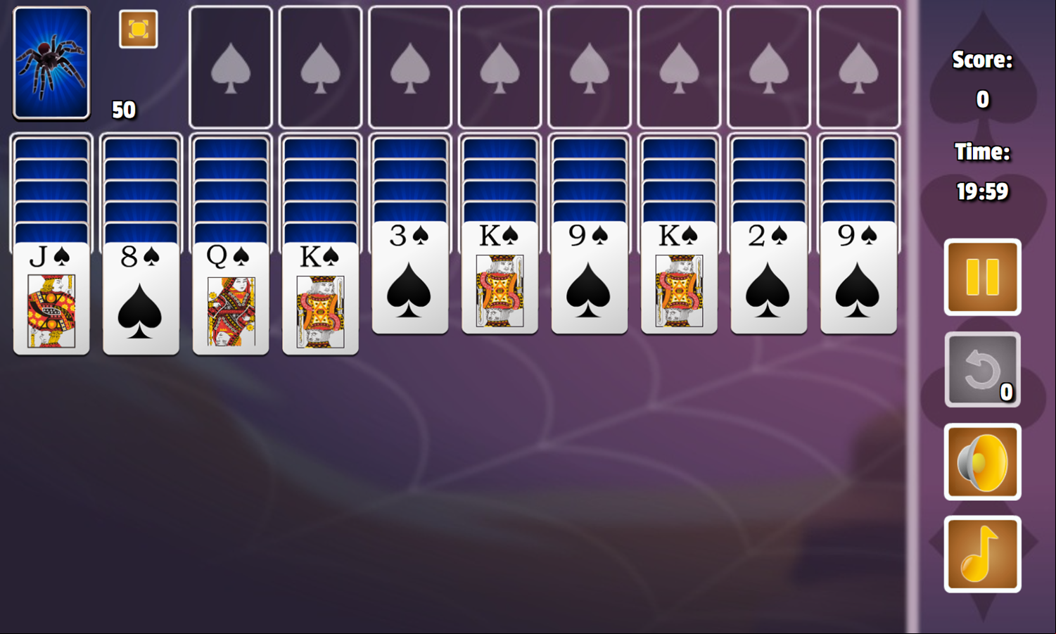 1 Suit Spider Solitaire Game Start Screenshot.