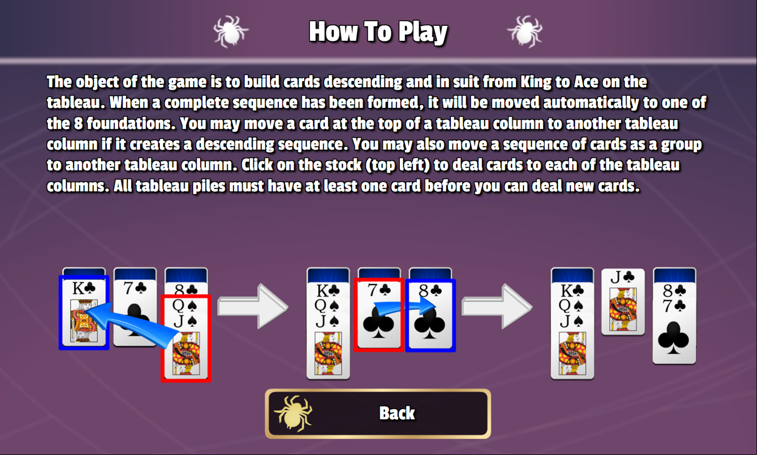 1 Suit Spider Solitaire Game How To Play Screenshot.
