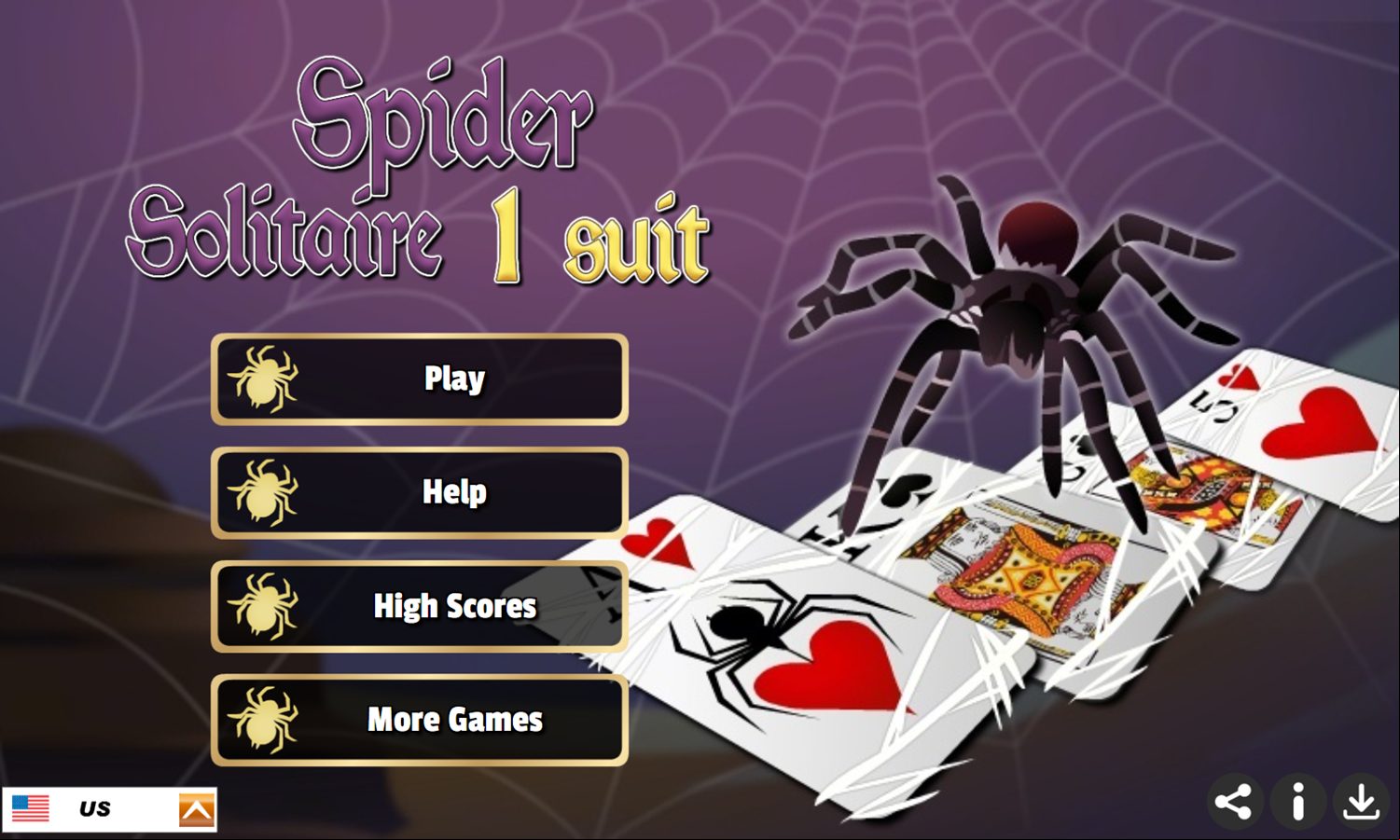 1 Suit Spider Solitaire Game Welcome Screen Screenshot.