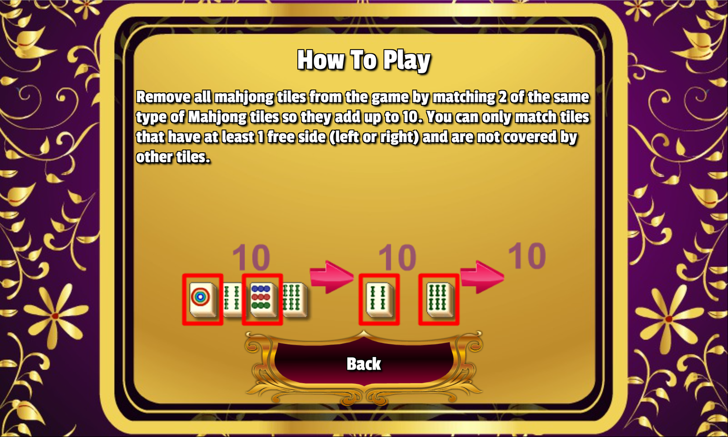 10 Mahjong Game Help Screen Screenshot.