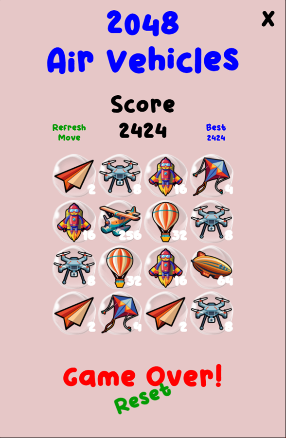 2048 Air Vehicles Game Over Screenshot.