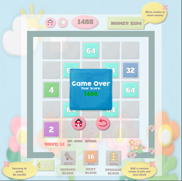2048 Block Defender Game Over Screenshot.