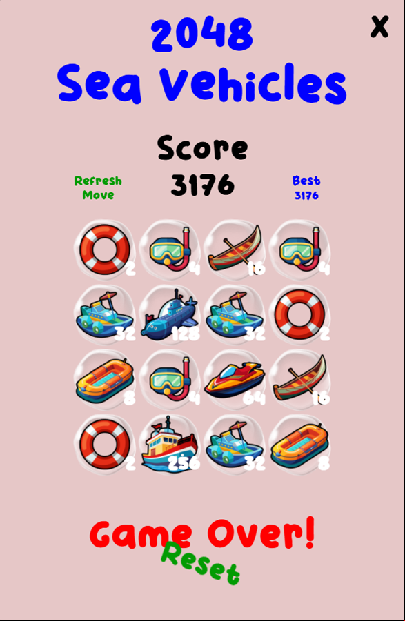 2048 Sea Vehicles Game Over Screenshot.