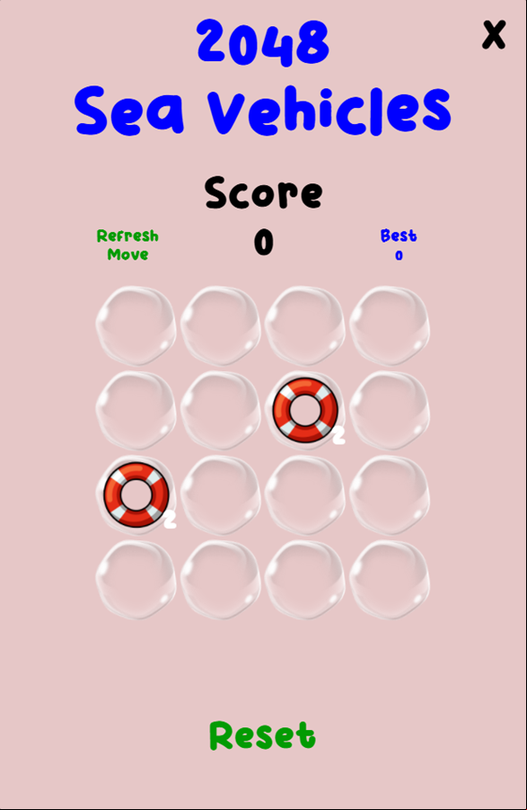 2048 Sea Vehicles Game Welcome Screen Screenshot.