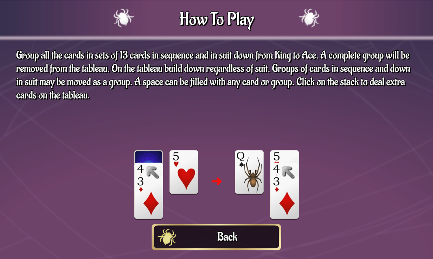4 Suits Spider Solitaire Game How to Play Screen Screenshot.