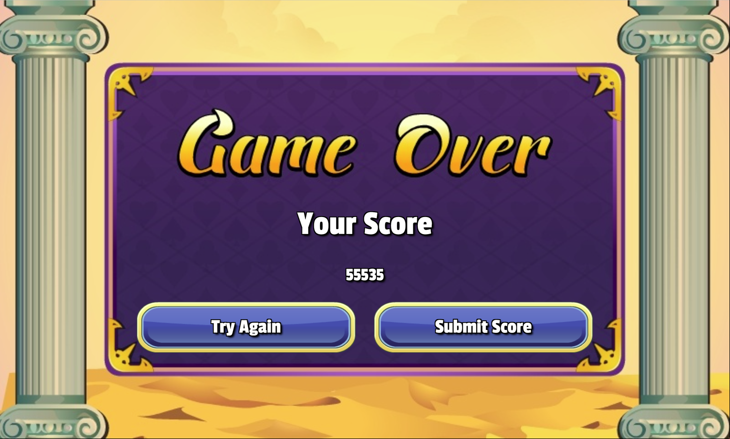 Achilles Solitaire Game Over Screen Screenshot.