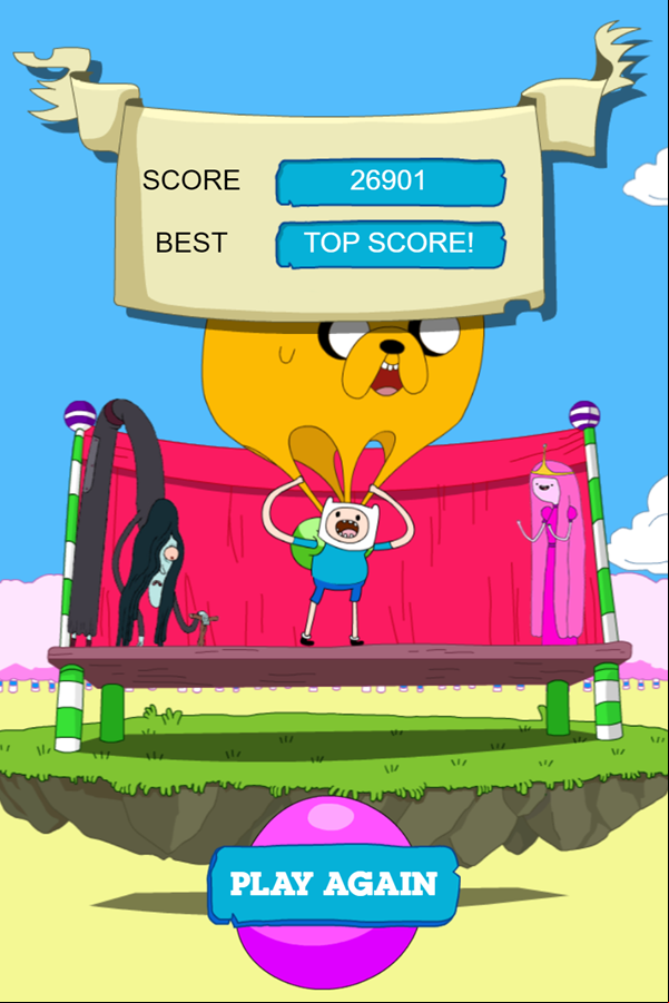 Adventure Time Candy Dive Game Over Screenshot.