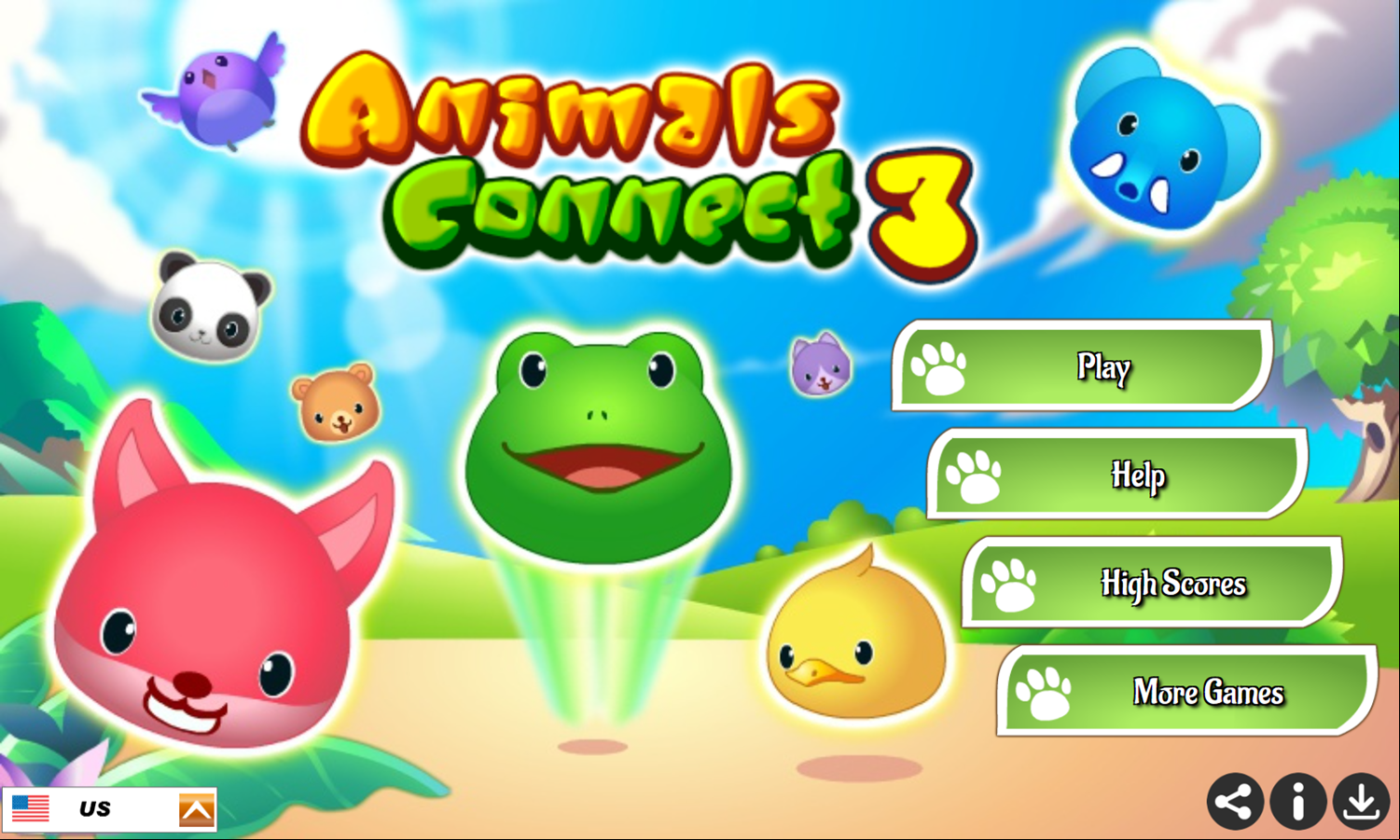 Animals Connect 3 Game Welcome Screen Screenshot.