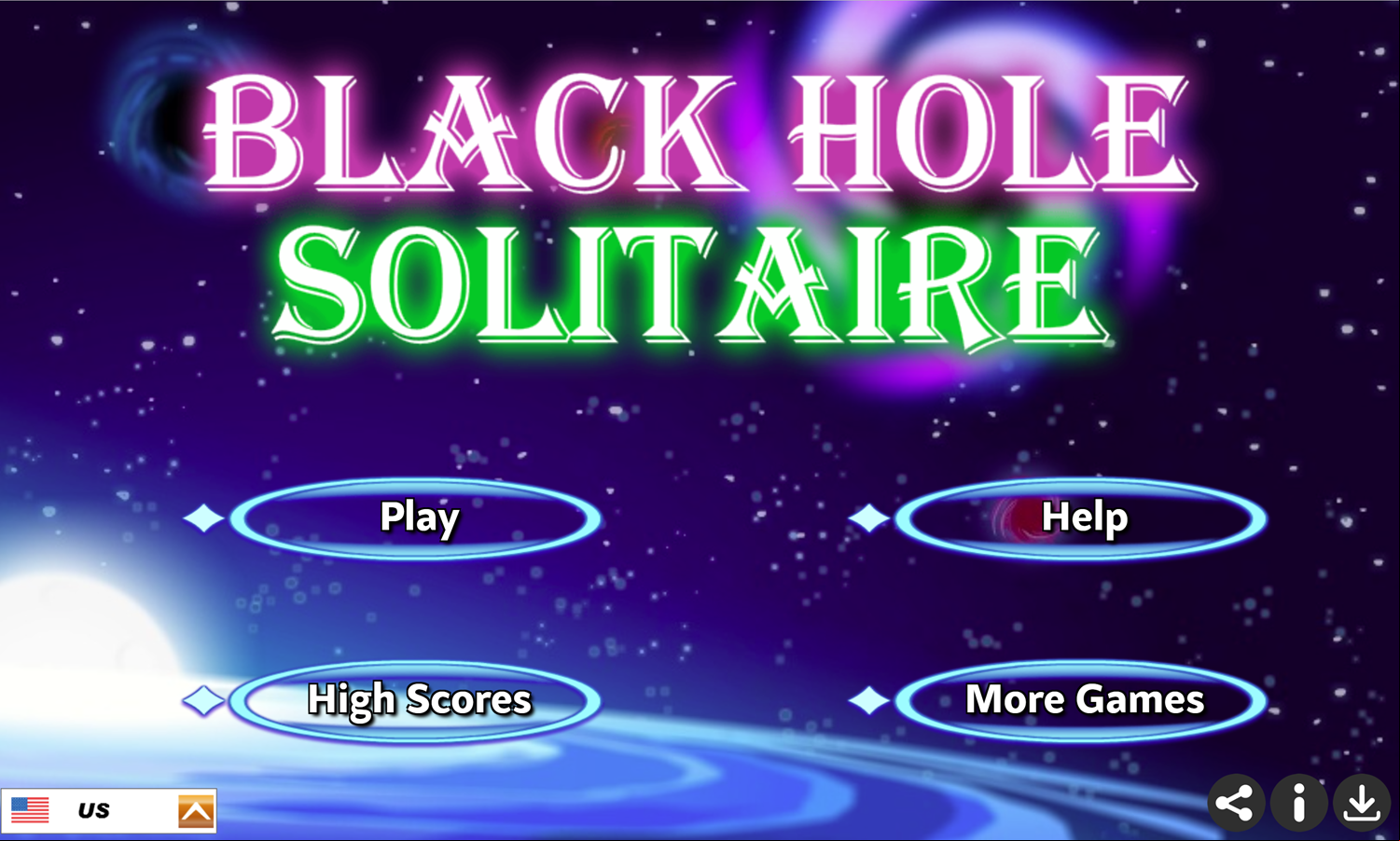 Black Hole Solitaire Game Welcome Screen Screenshot.