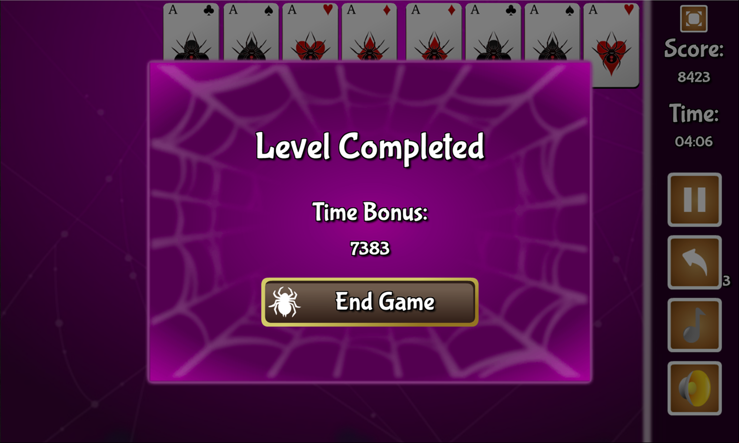 Black Widow Solitaire Game Level Complete Screenshot.