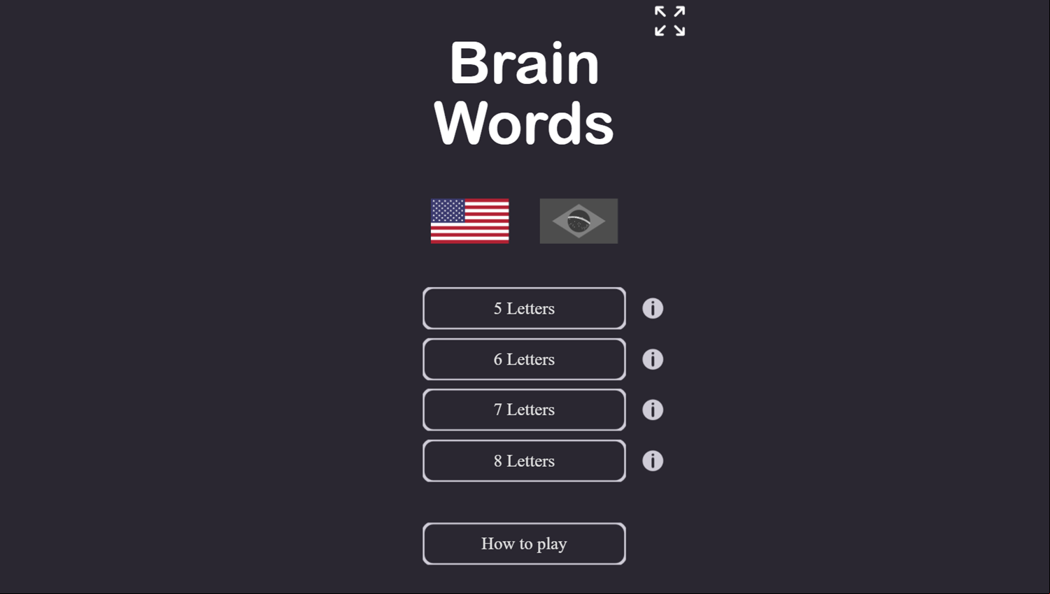 Brain Words Game Welcome Screen Screenshot.