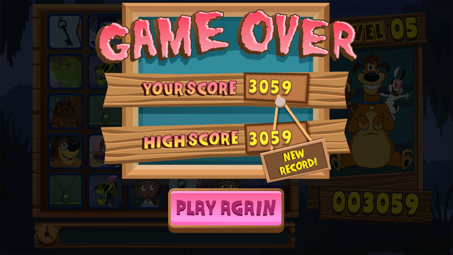 Bunnicula Monster Match Game Over Screenshot.