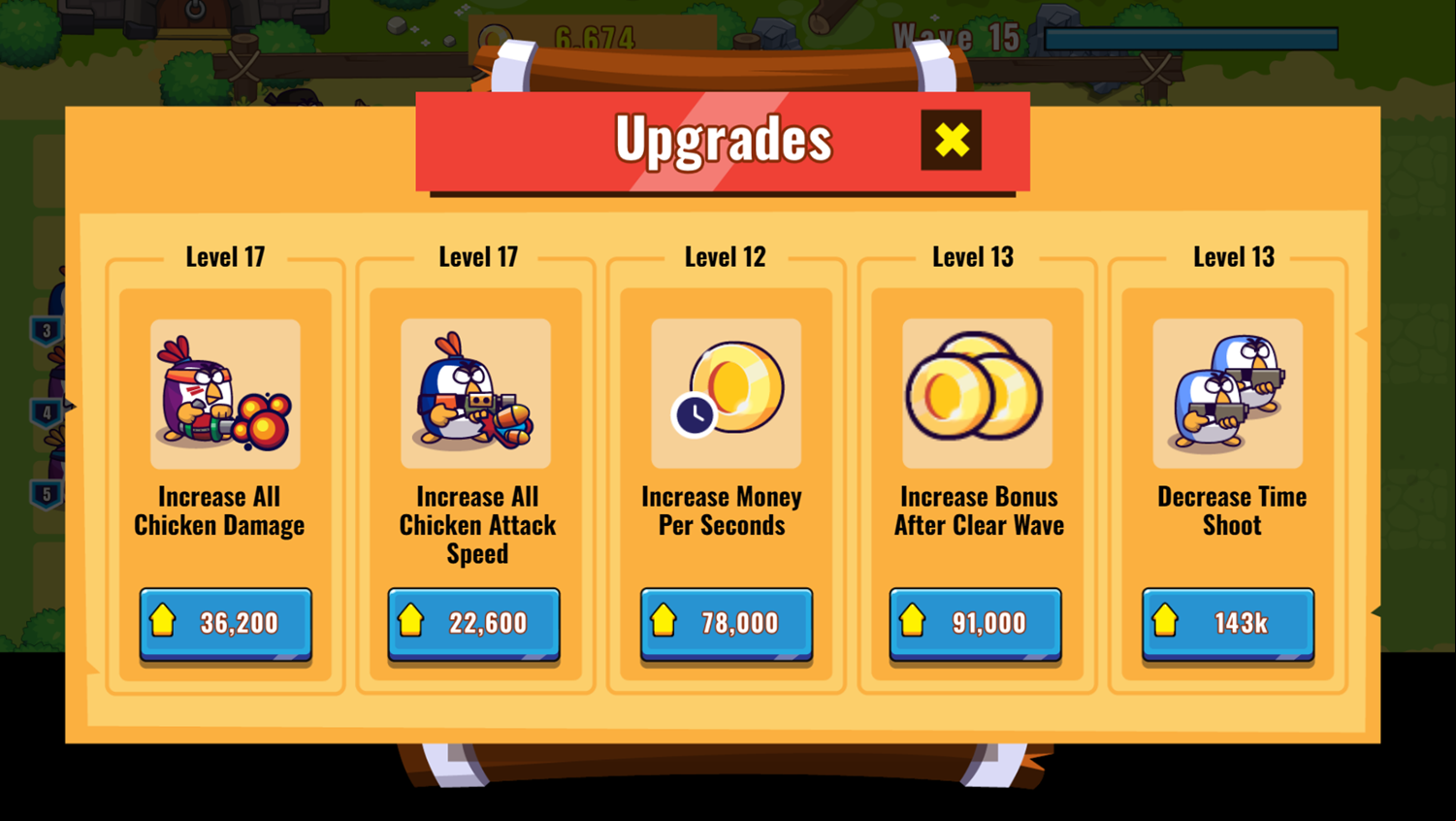 Chicken Merge and War Game Upgrade Menu Screen Screenshot.