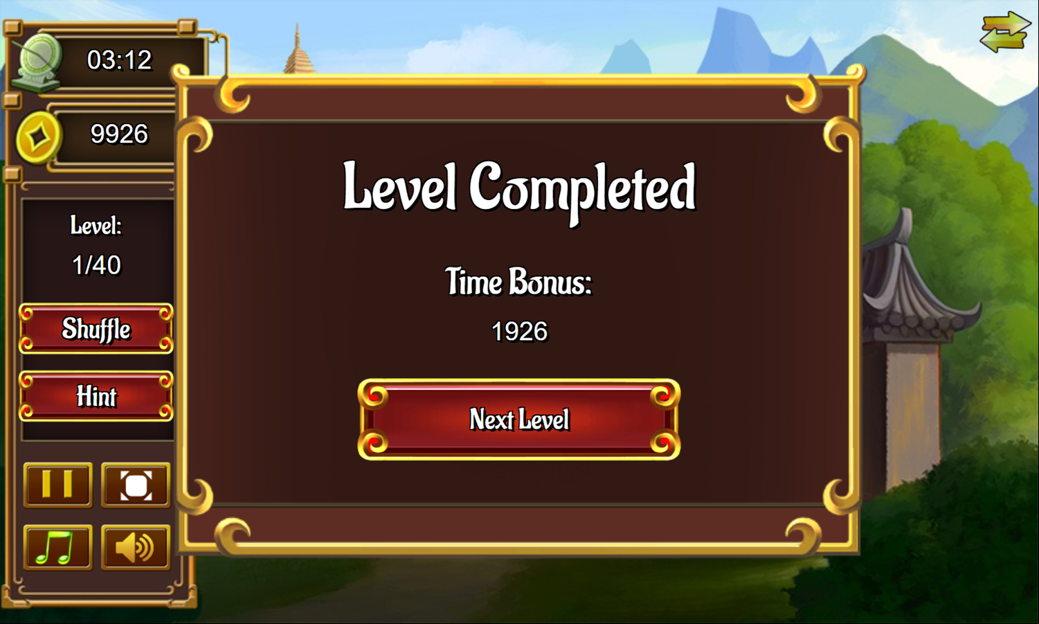 China Tower Mahjong Game Level Completed Screenshot.