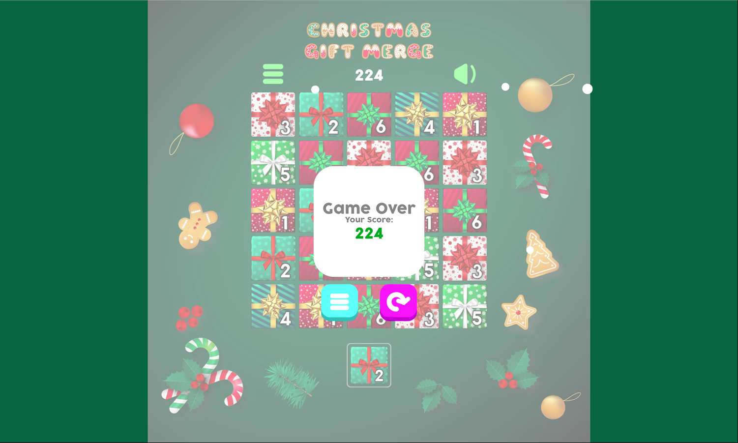 Christmas Gift Merge Game Over Screen Screenshot.