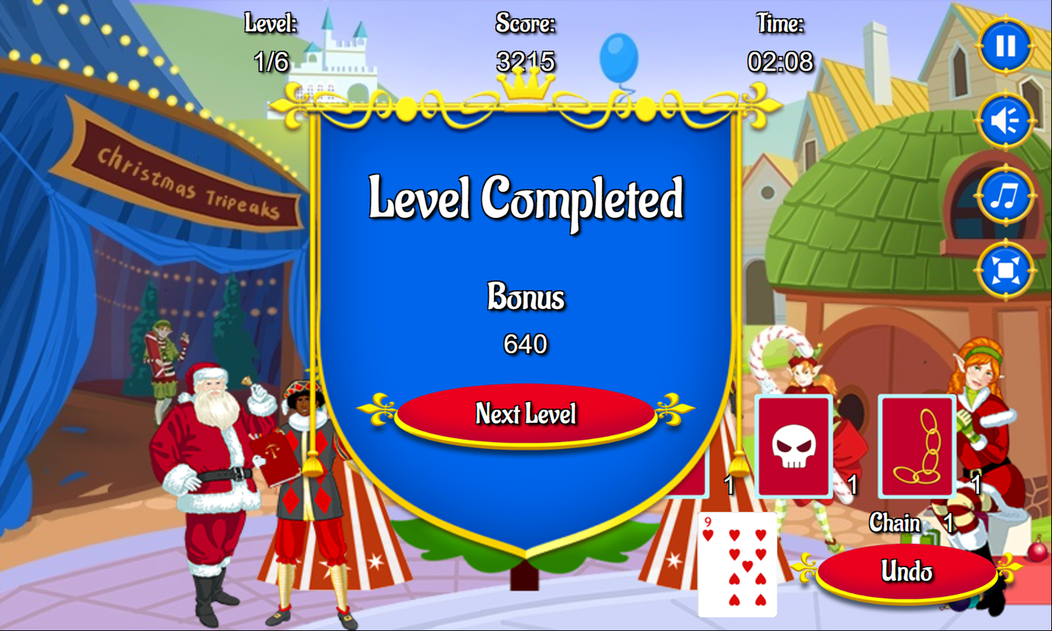 Christmas Tripeaks Game Level Completed Screenshot.