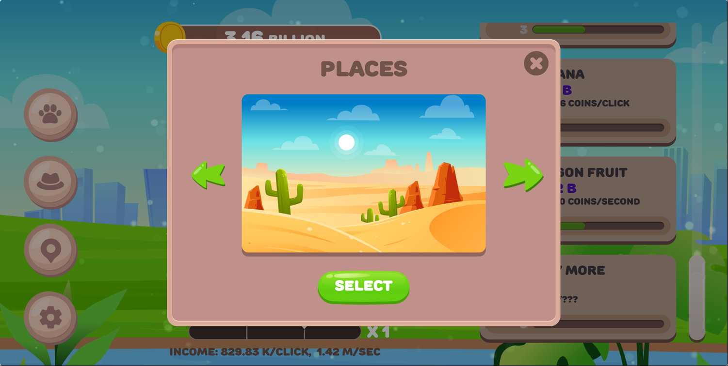 Clicker Cute Animals Game Places Menu Screen Screenshot.