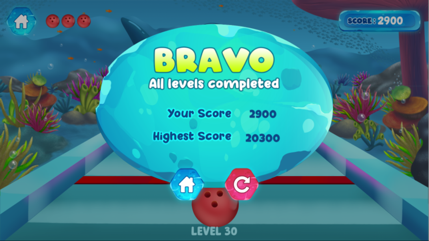 Crazy Bowling Game All Levels Complete Screen Screenshot.