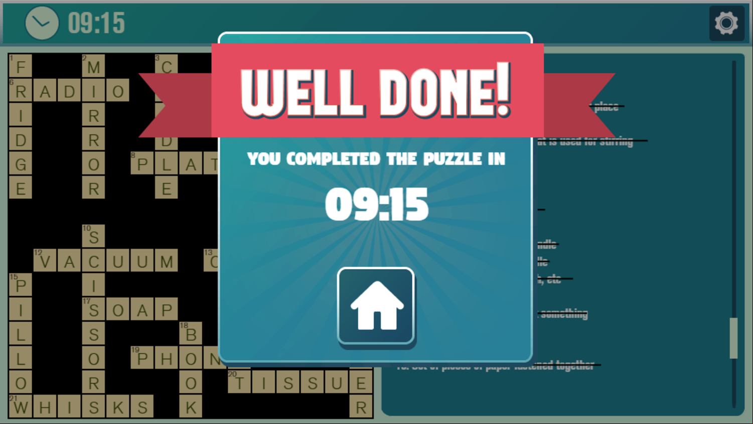 Crossword Casual Game Puzzle Complete Screen Screenshot.