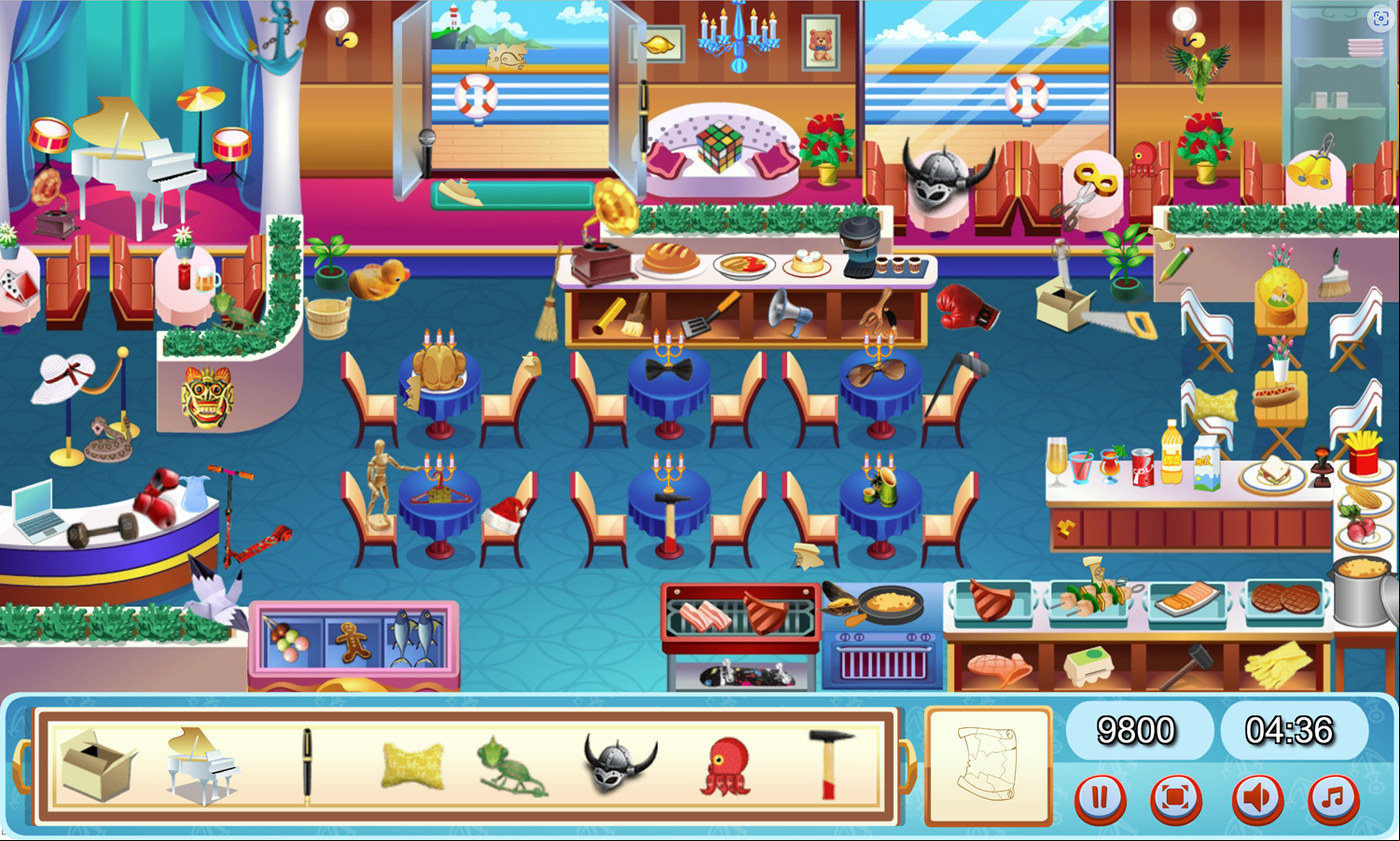 Cruise Ship Hidden Objects Game Dining Room Screenshot.