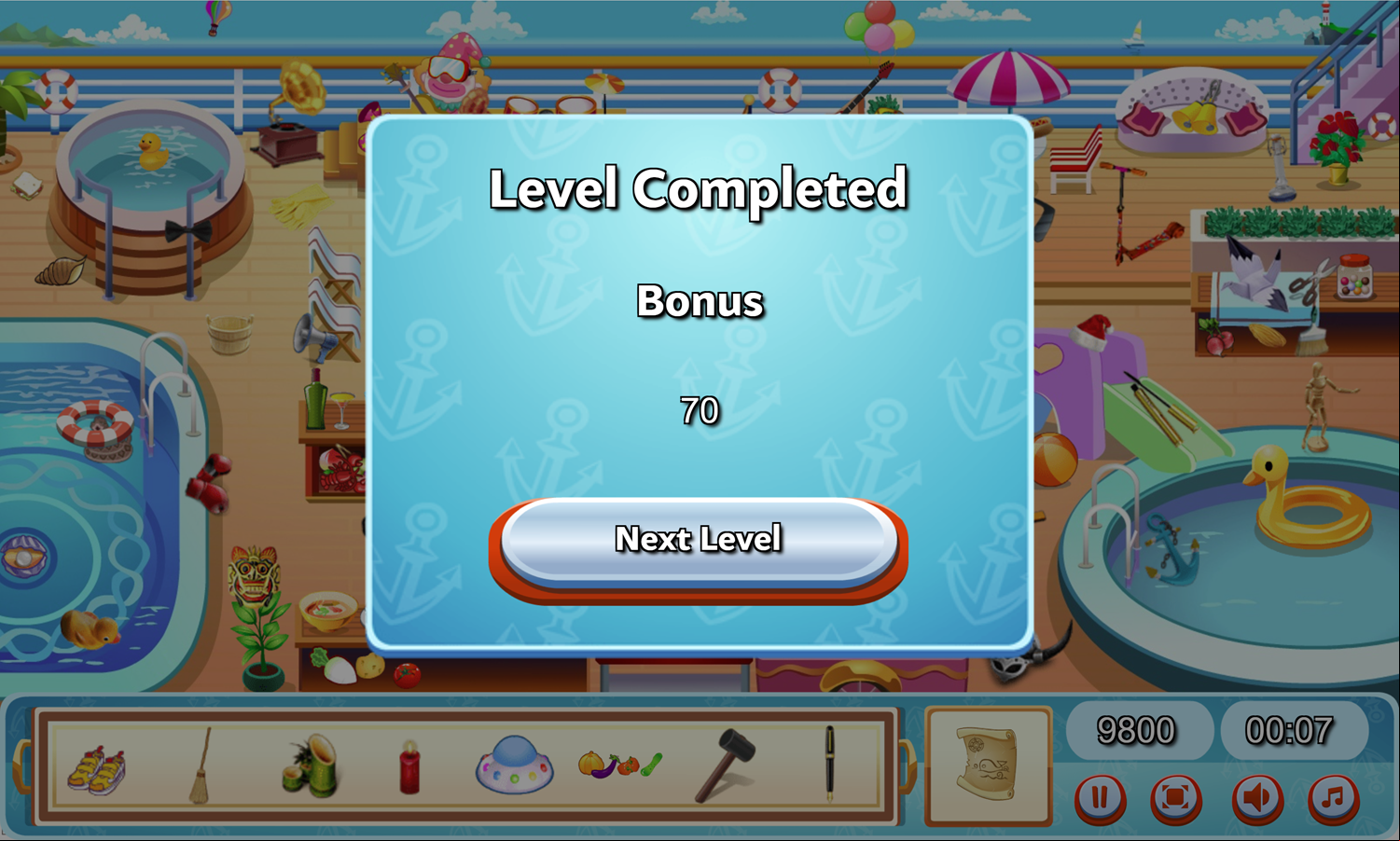 Cruise Ship Hidden Objects Game Shadow Matching Level Complete Screen Screenshot.