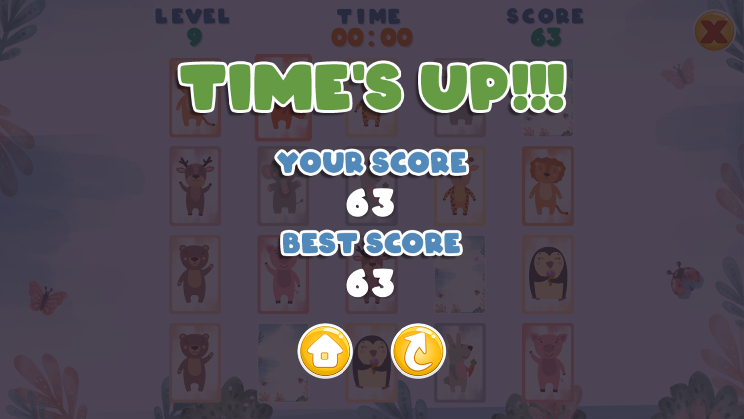 Cute Animals Memory Challenge Game Times Up Screenshot.