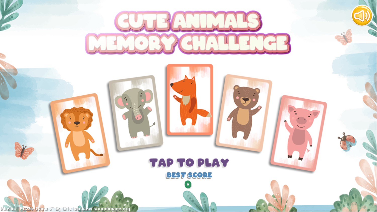 Cute Animals Memory Challenge Game Welcome Screen Screenshot.