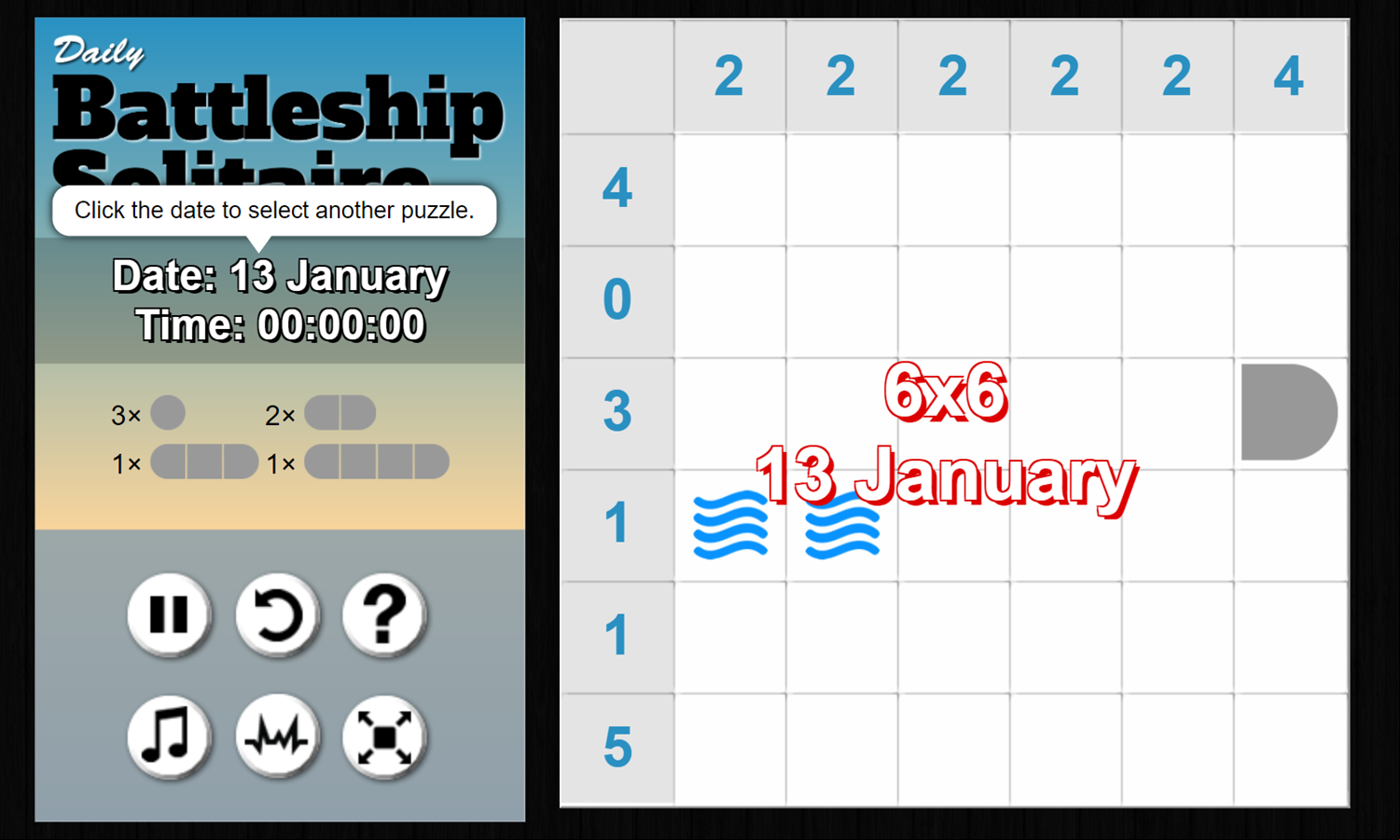 Daily Battleship Solitaire Game Start Screenshot.
