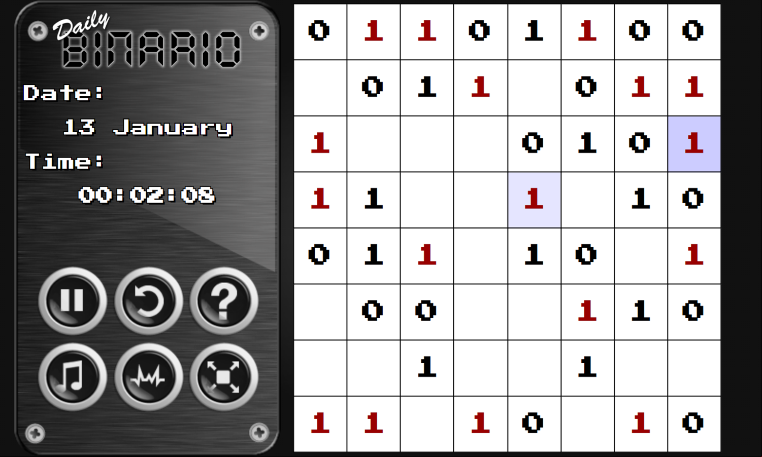 Daily Binario Game Solving Puzzle Screenshot.