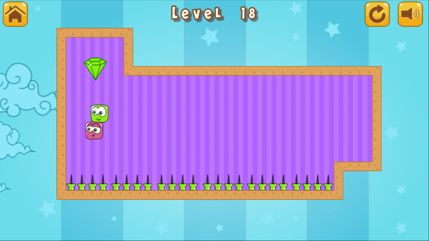 Diamonds Twins Game Level With a Row of Green Thumbtacks Screenshot.