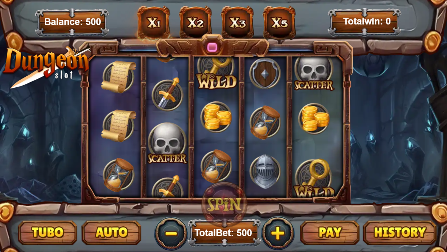 Dungeon Slot Game Spin Simulation Screenshot.