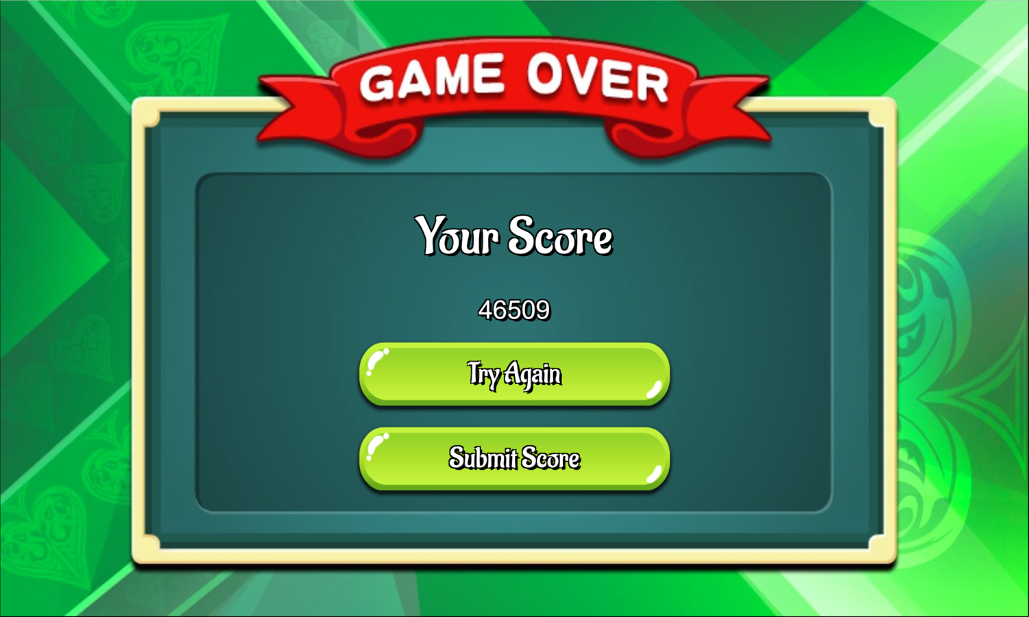 Eliminator Solitaire Game Over Screen Screenshot.