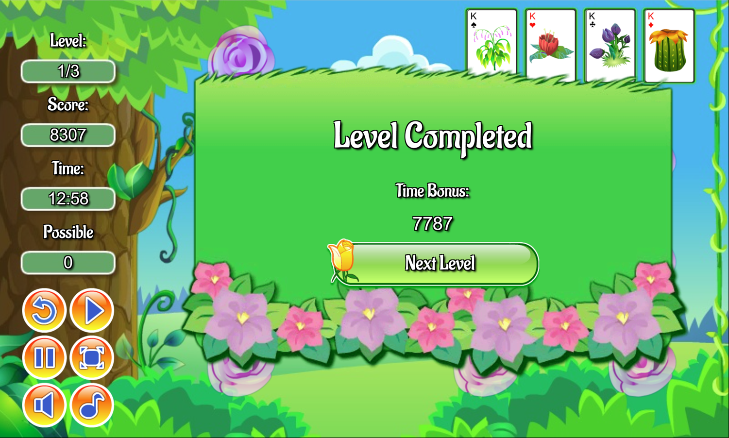 Flower Solitaire Game Level Completed Screen Screenshot.