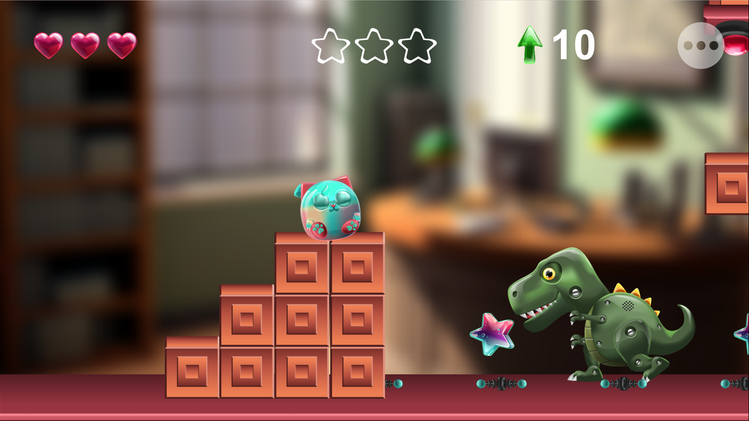 Fluffy Jelly Cat Game Level With a Dinosaur Screenshot.