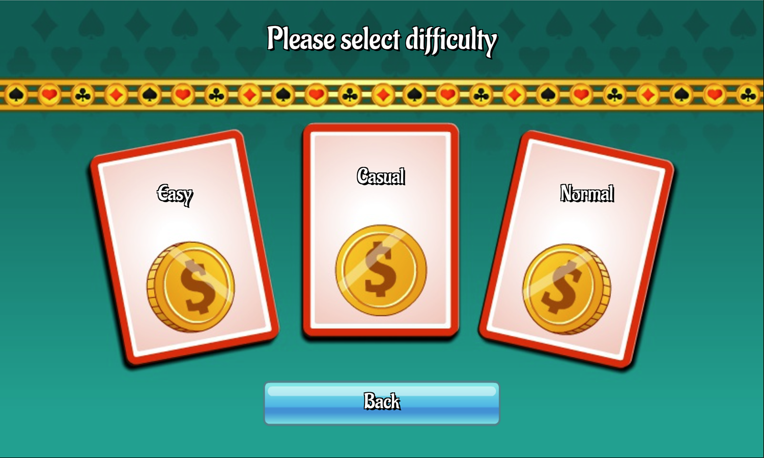 Forty Thieves Solitaire Game Difficulty Select Screen Screenshot.