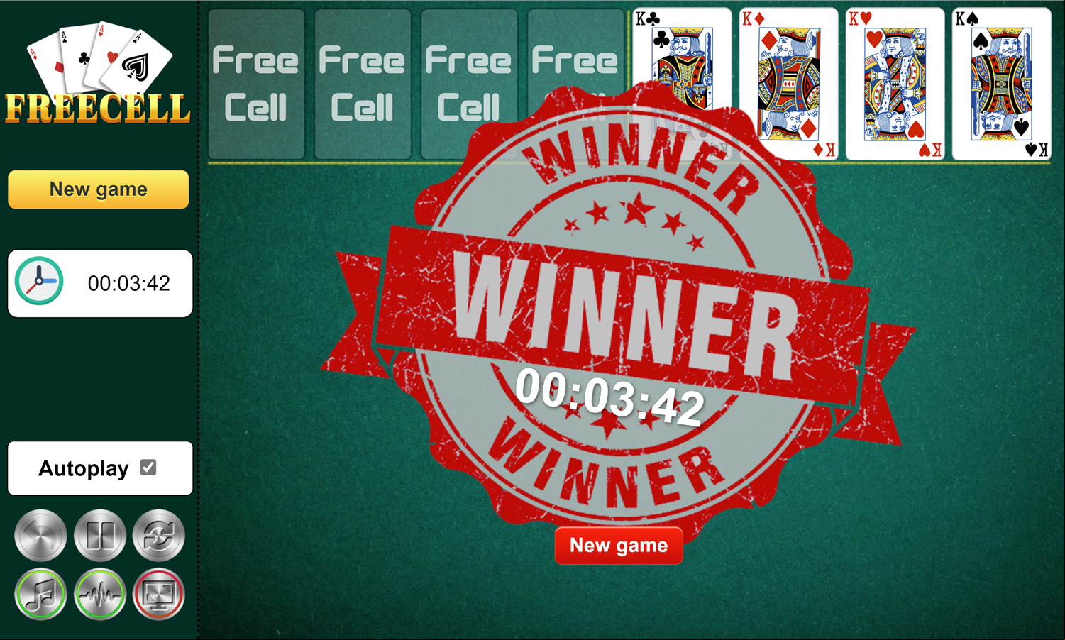 Freecell Game Beat Screen Screenshot.