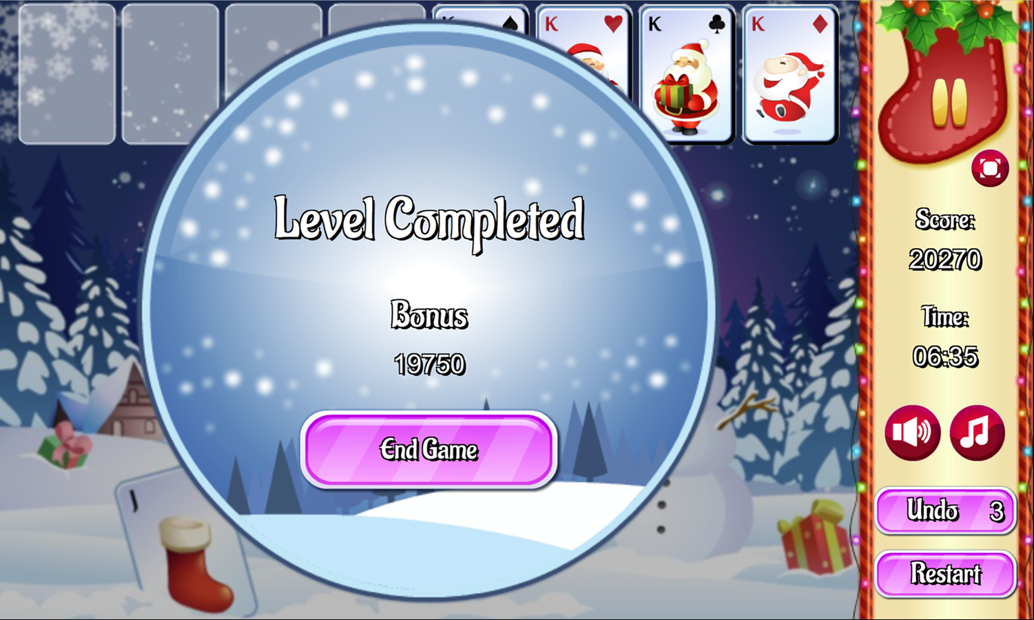 Freecell Christmas Game Level Complete Screen Screenshot.