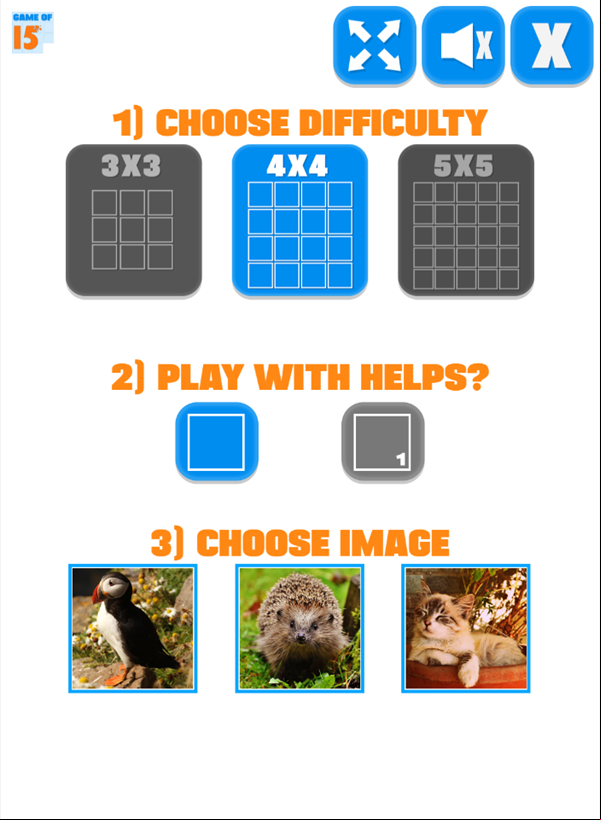 Game of 15 Slide Puzzle Game Settings Screenshot.