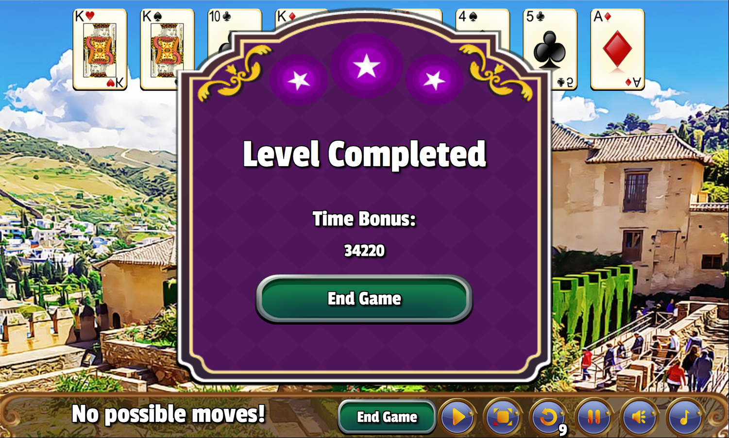 Granada Solitaire Game Level Completed Screen Screenshot.