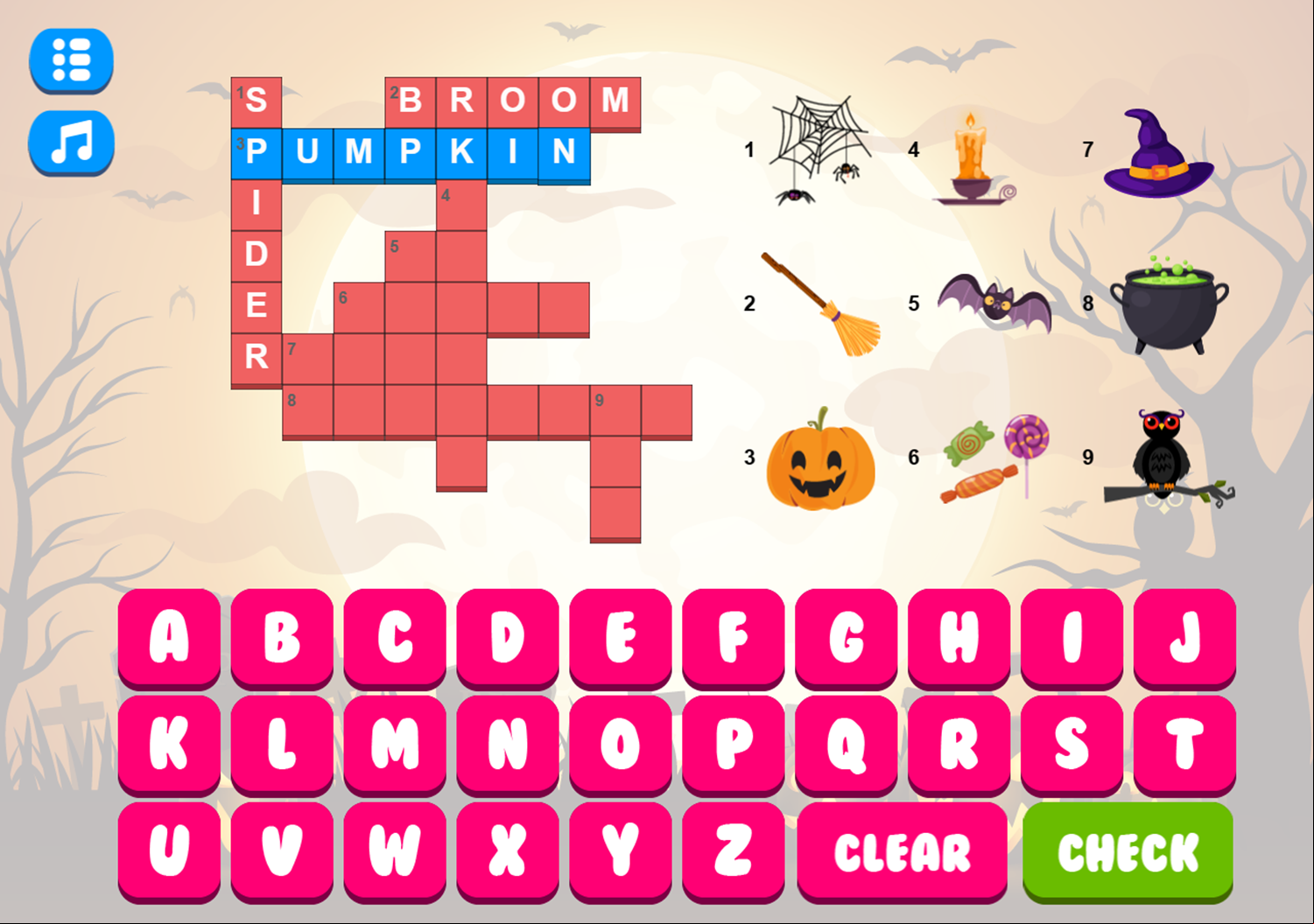 Halloween Crossword for Kids Game Level Play Screenshot.