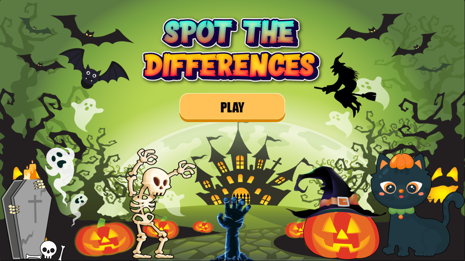 Halloween Spot the Differences Game Welcome Screen Screenshot.