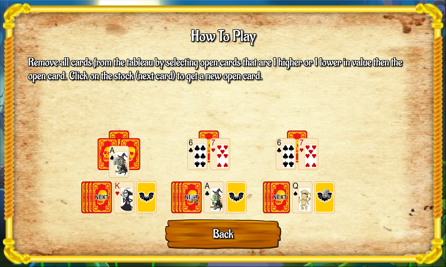 Halloween Tripeaks Game How to Play Screen Screenshot.