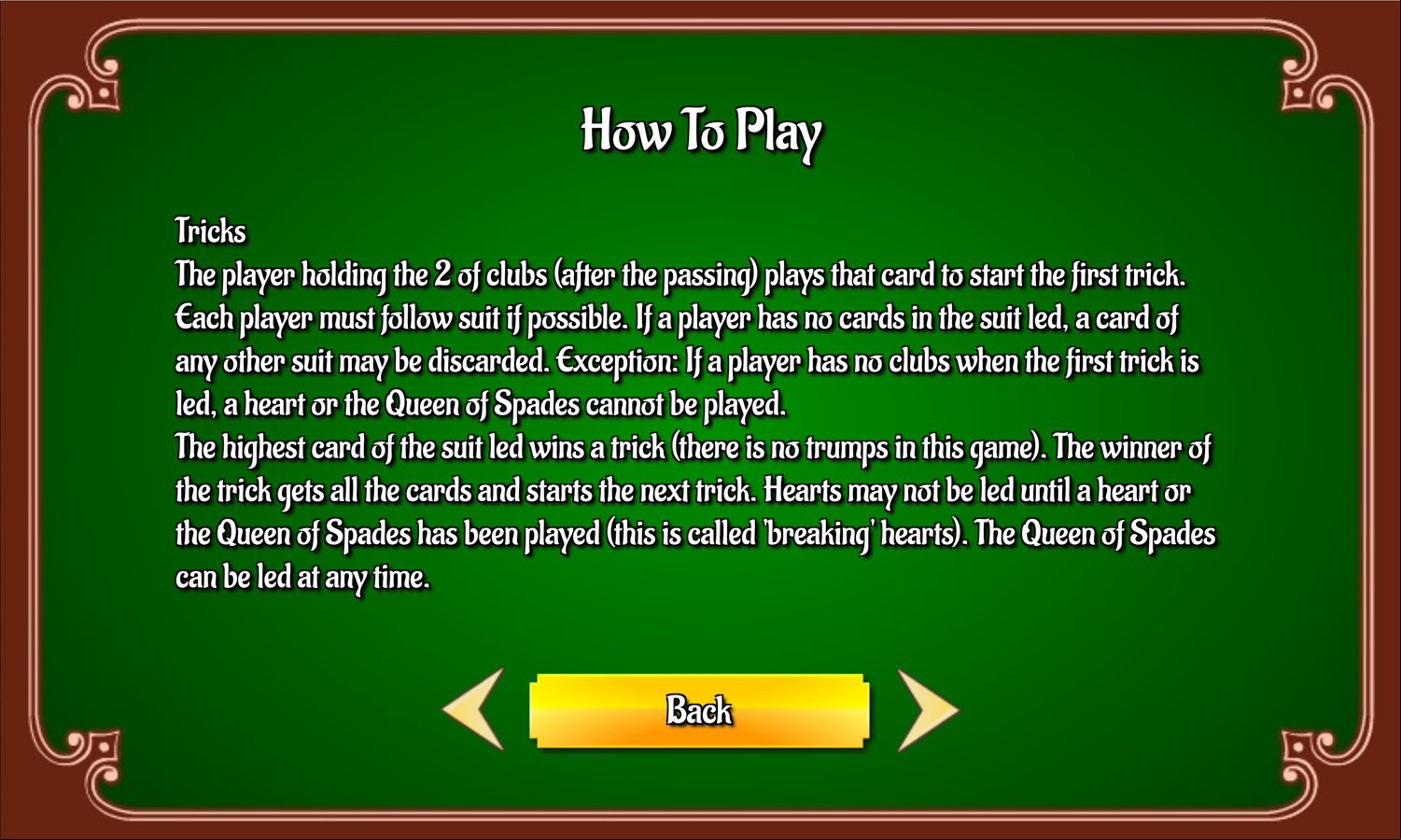 Hearts Card Game Tricks Instructions Screen Screenshot.