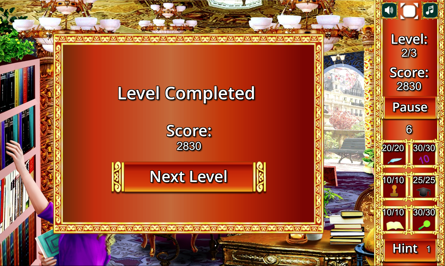 Hidden Library Game Second Level Completed Screen Screenshot.