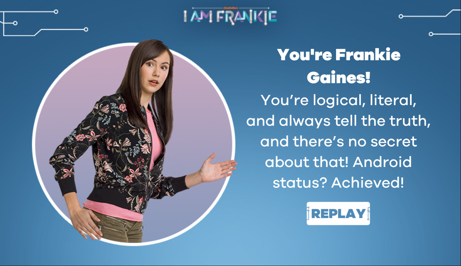 I Am Frankie Which Character Are You Game Result Screenshot.