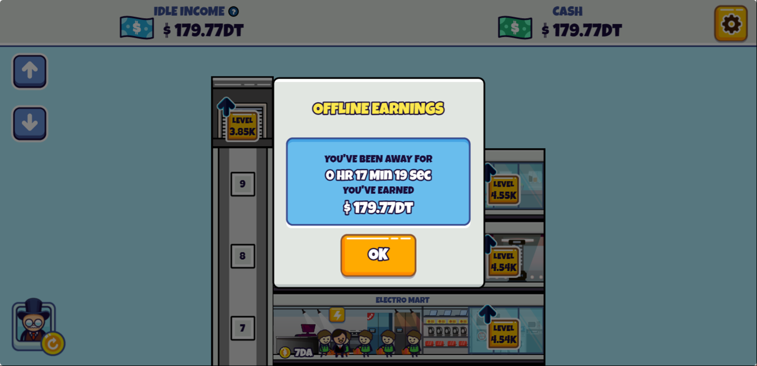 Idle Megamall Empire Game Offline Earnings Screen Screenshot.