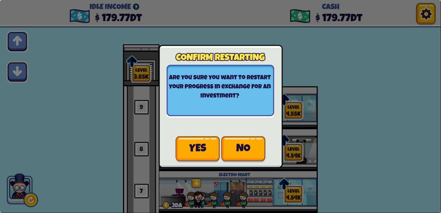 Idle Megamall Empire Game Restart Game Screen Screenshot.