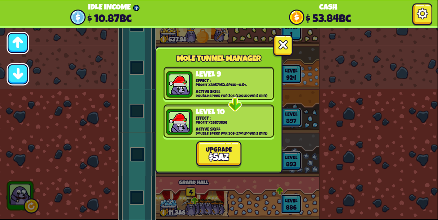 Idle Mole Empire Game Final Tunnel Manager Upgrade Screenshot.