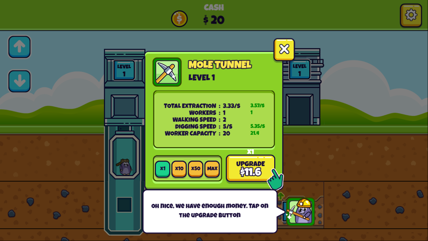 Idle Mole Empire Game How To Upgrade Tunnel Screenshot.